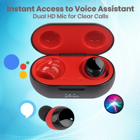 pTron Bassbuds Evo Bluetooth 5.0 Wireless Headphones, Deep Bass, Touch Control Wireless TWS Earbuds, with Voice Assistance (Black & Red)