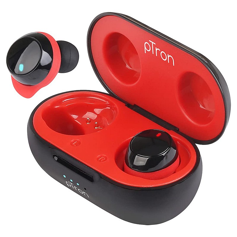 pTron Bassbuds Evo Bluetooth 5.0 Wireless Headphones, Deep Bass, Touch Control Wireless TWS Earbuds, with Voice Assistance (Black & Red)