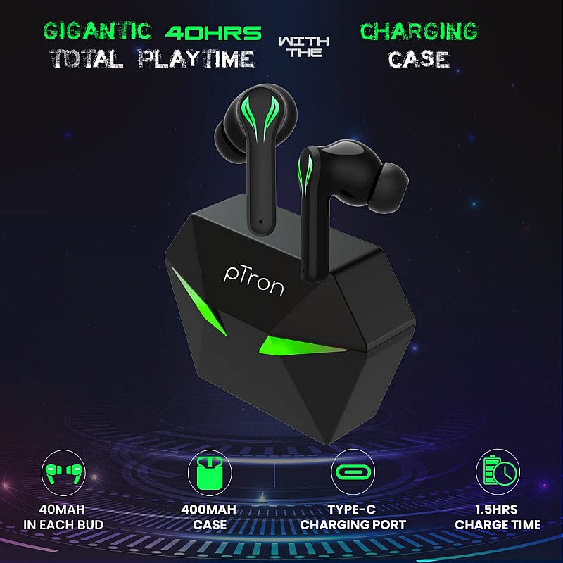 pTron Bassbuds Jade Gaming True Wireless Headphone with 40Hrs Total Playtime with Case (Black)