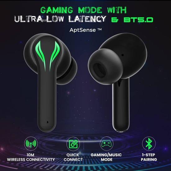 pTron Bassbuds Jade Gaming True Wireless Headphone with 40Hrs Total Playtime with Case (Black)