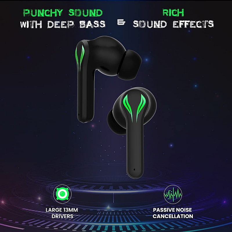 pTron Bassbuds Jade Gaming True Wireless Headphone with 40Hrs Total Playtime with Case (Black)