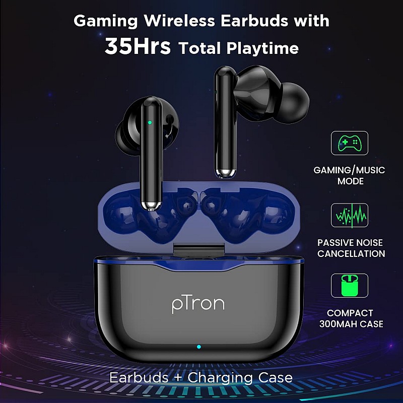 pTron Bassbuds Pixel with Gaming Mode, 50ms Low Latency, 35Hrs Total Playback Time (Black)