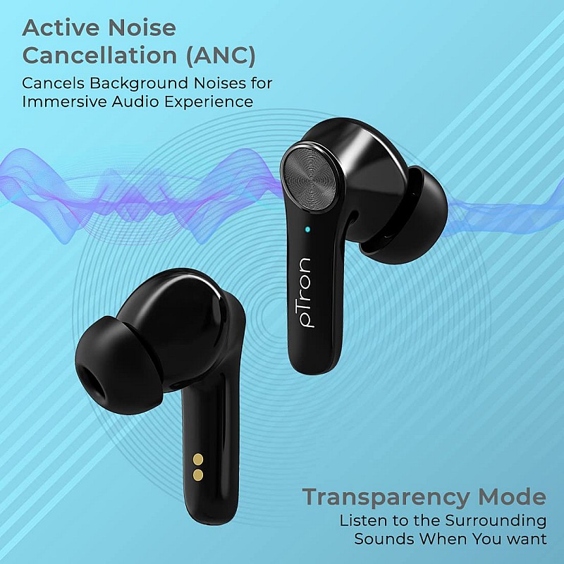 pTron Basspods P481 Pro Active Noise Cancellation (ANC) Wireless Earphones, TypeC Fast Charging & IPX4 Water-Resistant (Black)