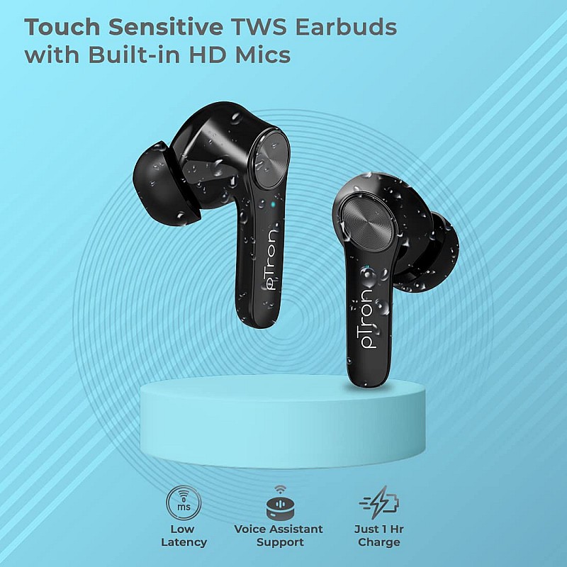 pTron Basspods P481 Pro Active Noise Cancellation (ANC) Wireless Earphones, TypeC Fast Charging & IPX4 Water-Resistant (Black)