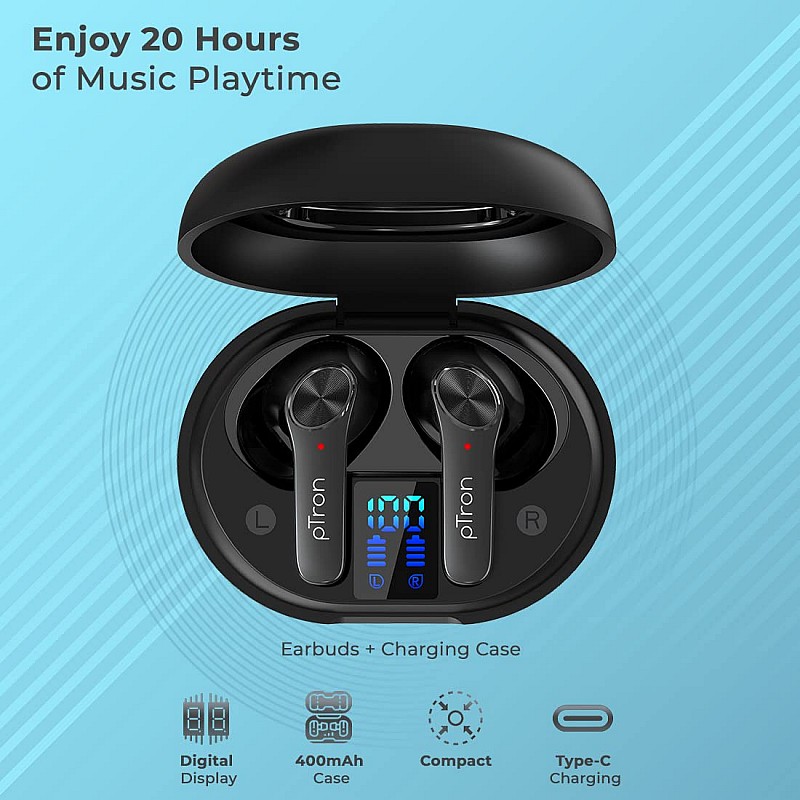 pTron Basspods P481 Pro Active Noise Cancellation (ANC) Wireless Earphones, TypeC Fast Charging & IPX4 Water-Resistant (Black)