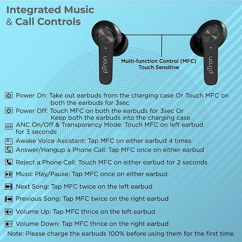 pTron Basspods P481 Pro Active Noise Cancellation (ANC) Wireless Earphones, TypeC Fast Charging & IPX4 Water-Resistant (Black)