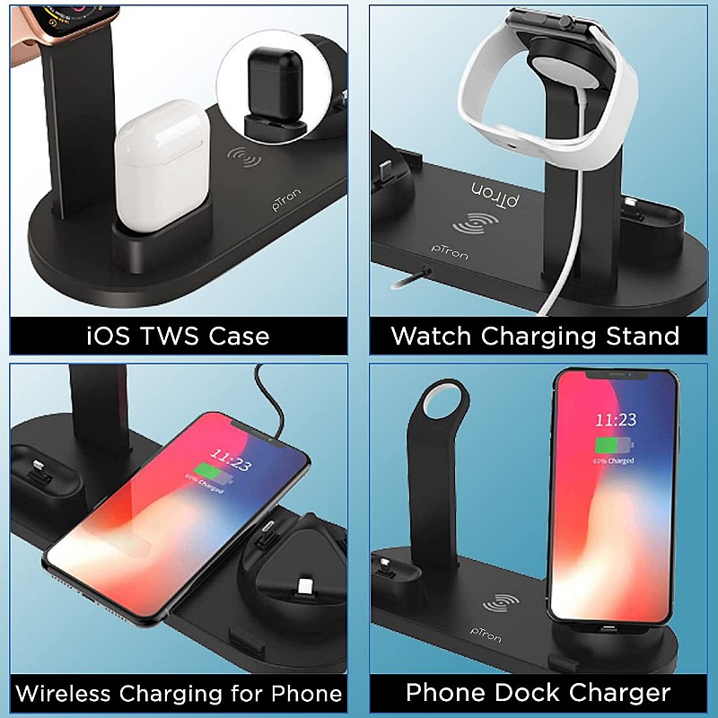 pTron Bullet WX4 3 in 1 Multi-Function Charging Stand for iOS Devices Black