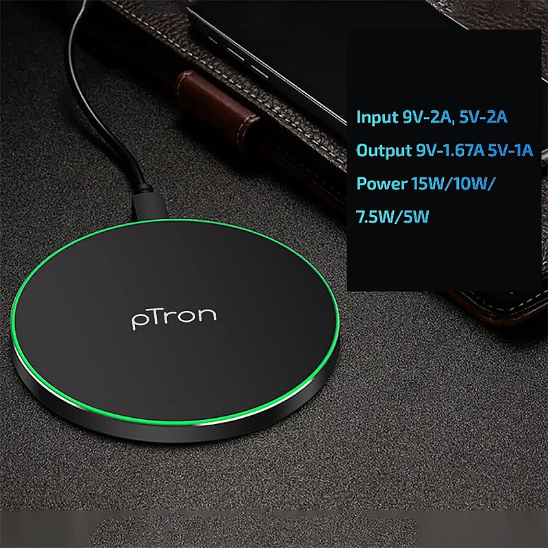 pTron Bullet Wireless WX21 15W Fast Charging Pad with 3A Type-C 1.2 Meter Cable, Compatible with Wireless Charging (Black)