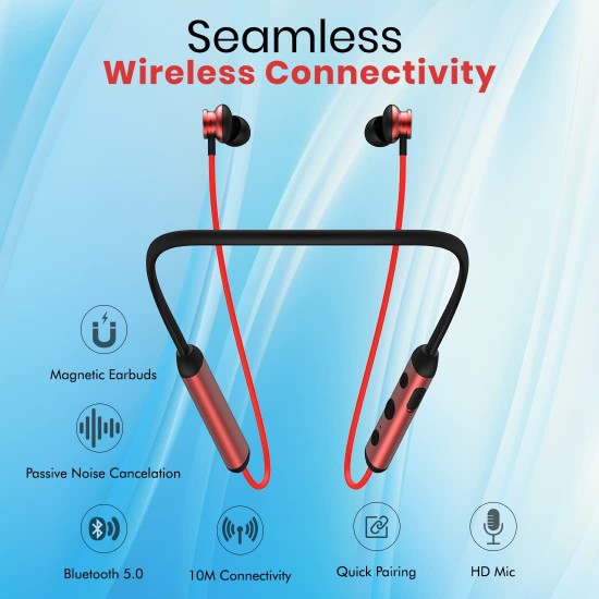 pTron InTunes Ultima Wireless Headphones, Powerful Bass, 18Hrs Playtime, Type-C Fast Charging, Bluetooth 5.0, Passive Noise Cancellation (Black & Red)
