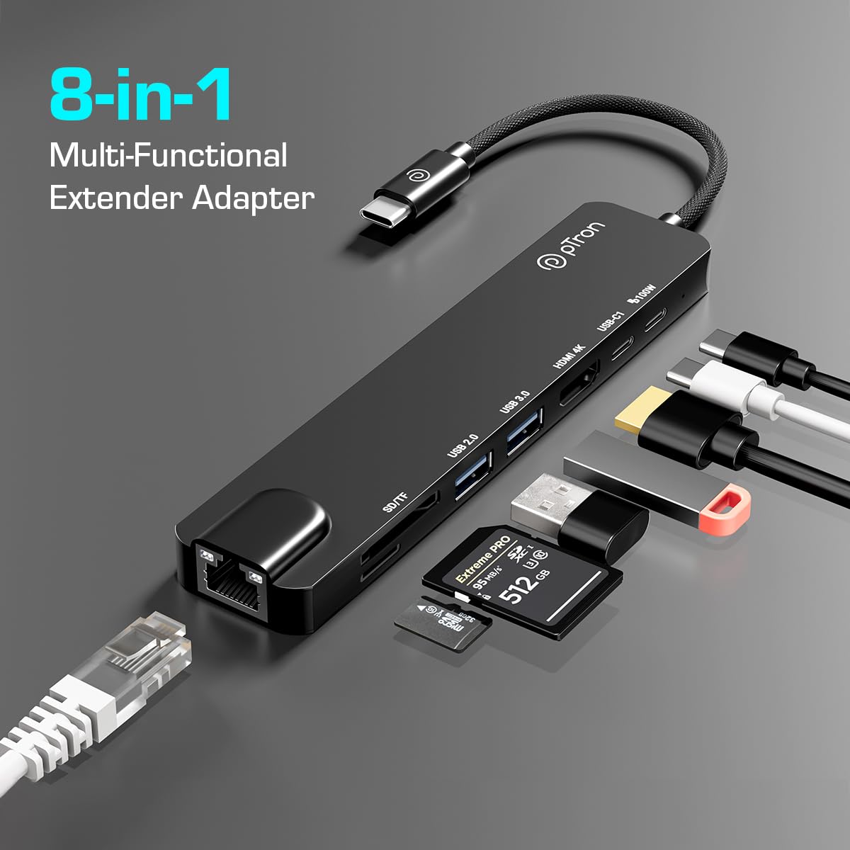 pTron Nexo 8-in-1 Type C to HDMI USB Hub w/ 4K@30Hz HDMI, 100Mbps Ethernet, 100W PD Charging, USB 3.0, USB 2.0, USB-C 2.0 Data, microSD/SD Card Slots for All Type C Devices, MacBook, Laptop, PC(Black) pTron Nexo 8-in-1 Type C to HDMI USB Hub w/ 4K@30Hz HDMI, 100Mbps Ethernet, 100W PD Charging, USB 3.0, USB 2.0, USB-C 2.0 Data, microSD/SD Card Slots for All Type C Devices, MacBook, Laptop, PC(Black)