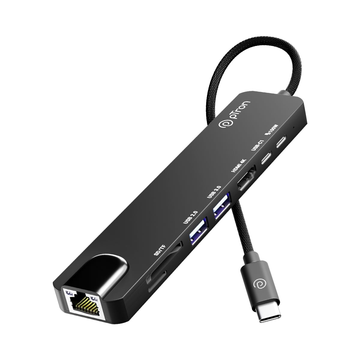 pTron Nexo 8-in-1 Type C to HDMI USB Hub w/ 4K@30Hz HDMI, 100Mbps Ethernet, 100W PD Charging, USB 3.0, USB 2.0, USB-C 2.0 Data, microSD/SD Card Slots for All Type C Devices, MacBook, Laptop, PC(Black) pTron Nexo 8-in-1 Type C to HDMI USB Hub w/ 4K@30Hz HDMI, 100Mbps Ethernet, 100W PD Charging, USB 3.0, USB 2.0, USB-C 2.0 Data, microSD/SD Card Slots for All Type C Devices, MacBook, Laptop, PC(Black)