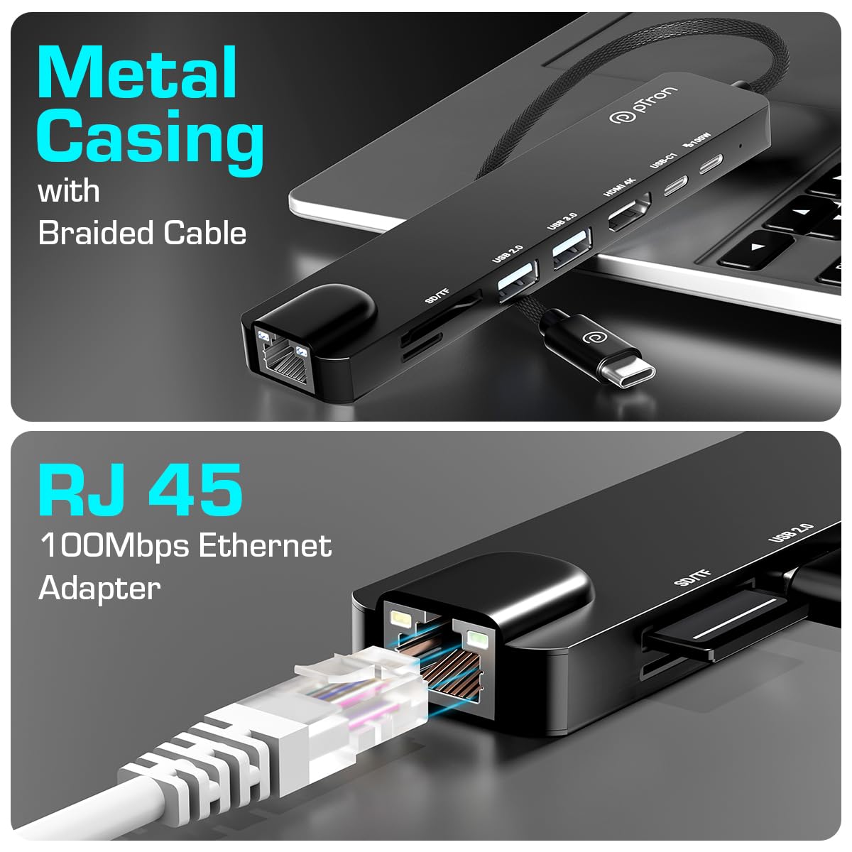 pTron Nexo 8-in-1 Type C to HDMI USB Hub w/ 4K@30Hz HDMI, 100Mbps Ethernet, 100W PD Charging, USB 3.0, USB 2.0, USB-C 2.0 Data, microSD/SD Card Slots for All Type C Devices, MacBook, Laptop, PC(Black) pTron Nexo 8-in-1 Type C to HDMI USB Hub w/ 4K@30Hz HDMI, 100Mbps Ethernet, 100W PD Charging, USB 3.0, USB 2.0, USB-C 2.0 Data, microSD/SD Card Slots for All Type C Devices, MacBook, Laptop, PC(Black)