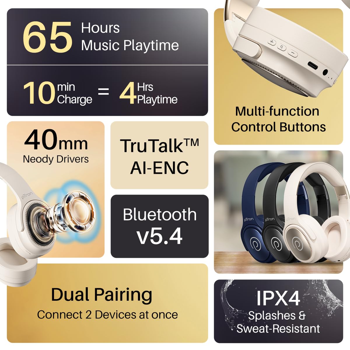 pTron Studio Pro w/ 65Hrs Playtime, Wireless Over Ear Headphones w/HD Mic & TruTalk AI-ENC Calls (Beige)