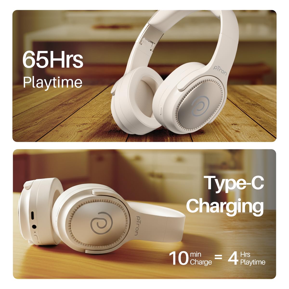 pTron Studio Pro w/ 65Hrs Playtime, Wireless Over Ear Headphones w/HD Mic & TruTalk AI-ENC Calls (Beige)