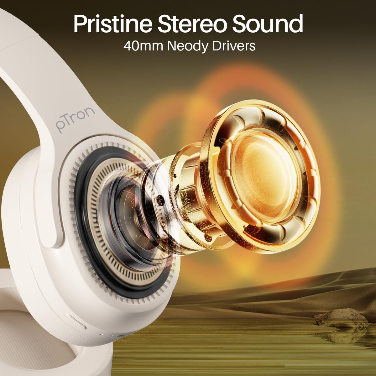 pTron Studio Pro w/ 65Hrs Playtime, Wireless Over Ear Headphones w/HD Mic & TruTalk AI-ENC Calls (Beige)