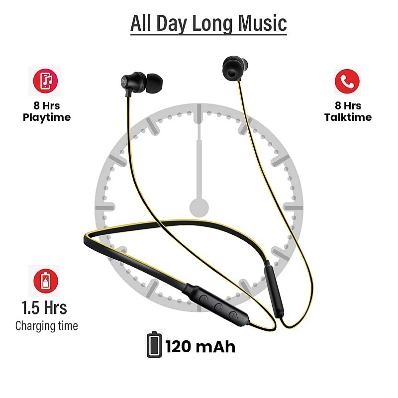 pTron Tangent Lite Bluetooth 5.0 Wireless Headphones with Hi-Fi Stereo Sound, 8Hrs Playtime, Lightweight Ergonomic Neckband- (Black & Yellow)