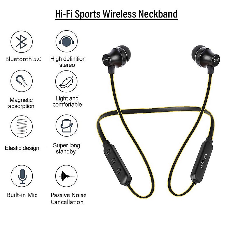 pTron Tangent Lite Bluetooth 5.0 Wireless Headphones with Hi-Fi Stereo Sound, 8Hrs Playtime, Lightweight Ergonomic Neckband- (Black & Yellow)