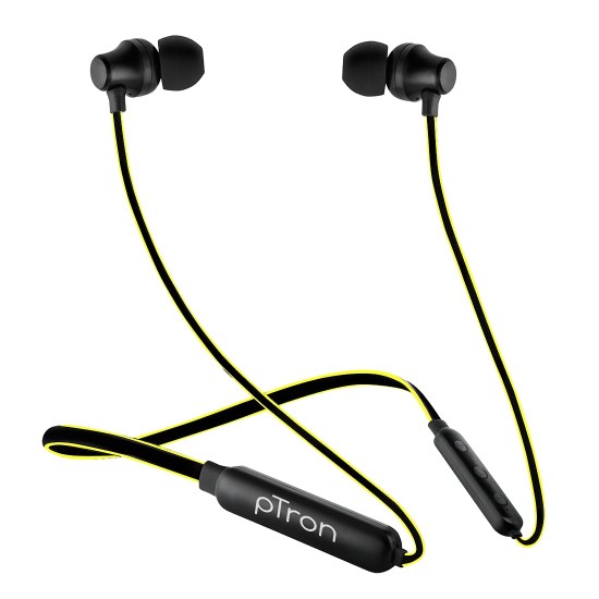 pTron Tangent Lite Bluetooth 5.0 Wireless Headphones with Hi-Fi Stereo Sound, 8Hrs Playtime, Lightweight Ergonomic Neckband- (Black & Yellow)