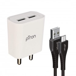 pTron Volta Evo 12W Dual USB Smart Charger with 2.4A Micro USB 1-Meter Cable, BIS Certified Fast Charging Power Adaptor - (White)