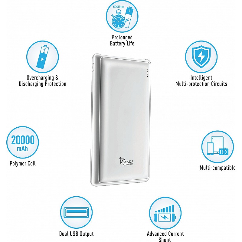 Syska 20000 mAh Li-Polymer Power Pro200 Power Bank (White) 