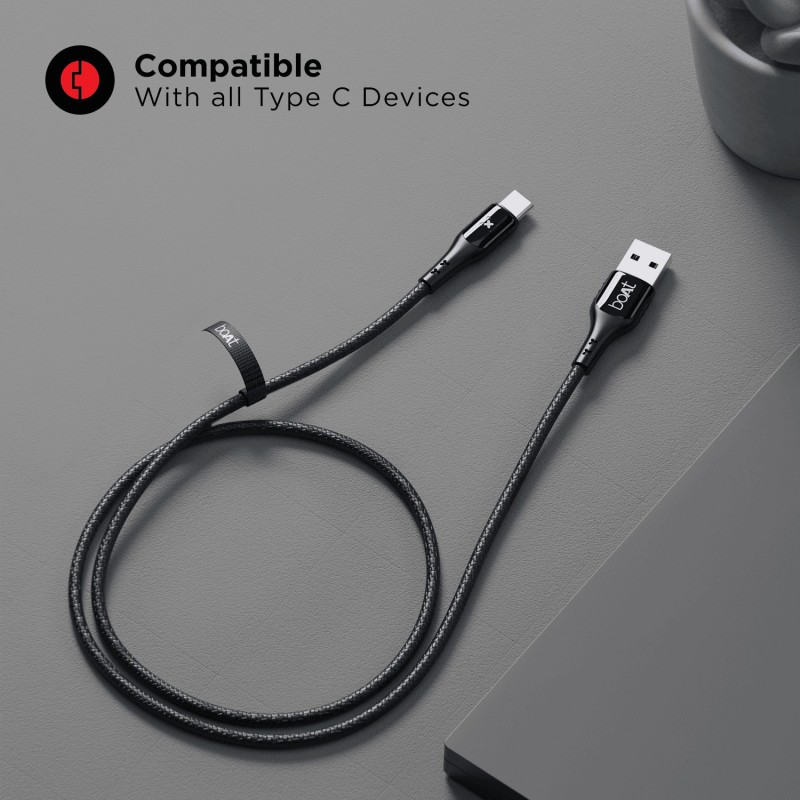 boAt USB Type C Cable 3 A 1.5 m 600 Stress Resistant,Auto Disconnecting with LED Indicator, 3A (Compatible with Mobile, Tablet, Laptop, Mecurial Black) boAt USB Type C Cable 3 A 1.5 m 600 Stress Resistant,Auto Disconnecting with LED Indicator, 3A (Compatible with Mobile, Tablet, Laptop, Mecurial Black)