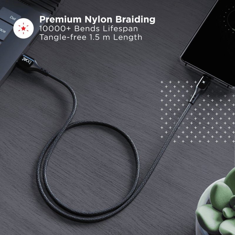 boAt USB Type C Cable 3 A 1.5 m 600 Stress Resistant,Auto Disconnecting with LED Indicator, 3A (Compatible with Mobile, Tablet, Laptop, Mecurial Black) boAt USB Type C Cable 3 A 1.5 m 600 Stress Resistant,Auto Disconnecting with LED Indicator, 3A (Compatible with Mobile, Tablet, Laptop, Mecurial Black)