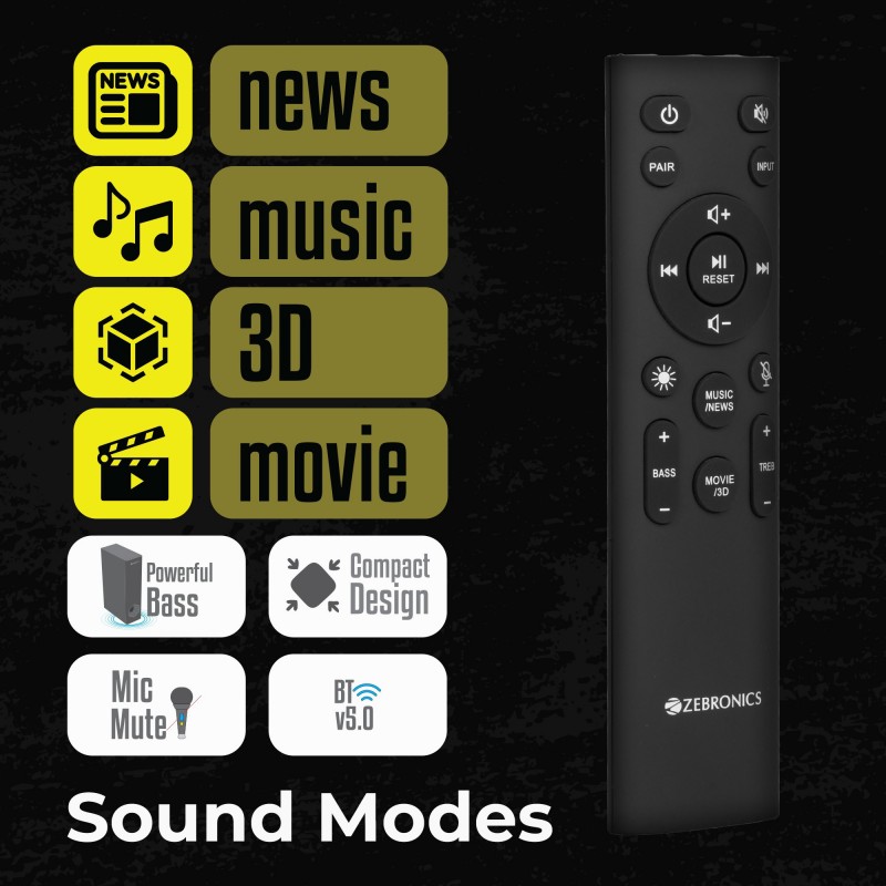 ZEBRONICS Zeb Sonic BAR 100-120W RMS Soundbar with Subwoofer,Type C + Dual 3.5mm Audio Ports, Virtual 5.1 and 3D Sound, Black ZEBRONICS Zeb Sonic BAR 100-120W RMS Soundbar with Subwoofer,Type C + Dual 3.5mm Audio Ports, Virtual 5.1 and 3D Sound, Black