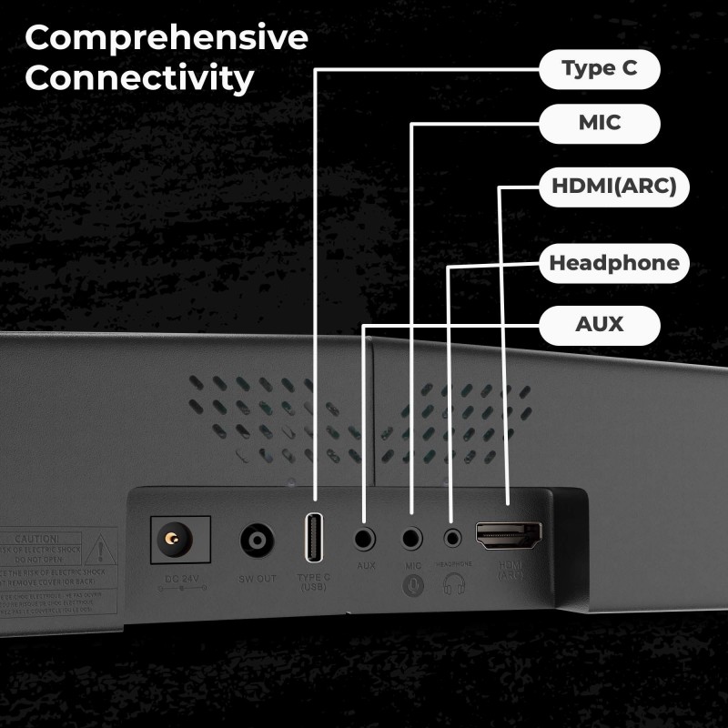 ZEBRONICS Zeb Sonic BAR 100-120W RMS Soundbar with Subwoofer,Type C + Dual 3.5mm Audio Ports, Virtual 5.1 and 3D Sound, Black ZEBRONICS Zeb Sonic BAR 100-120W RMS Soundbar with Subwoofer,Type C + Dual 3.5mm Audio Ports, Virtual 5.1 and 3D Sound, Black
