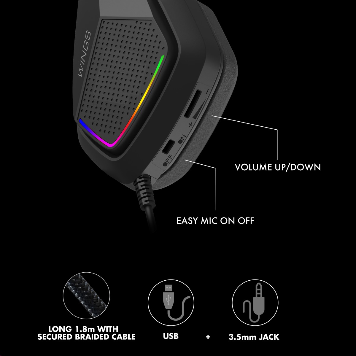 WINGS Vader 200 Wired Gaming (Black, On the Ear)