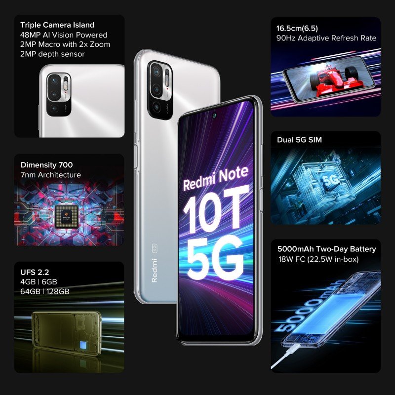 Redmi Note 10T 5G 64 GB, 4 GB RAM, Chromium White, Smartphone Redmi Note 10T 5G 64 GB, 4 GB RAM, Chromium White, Smartphone