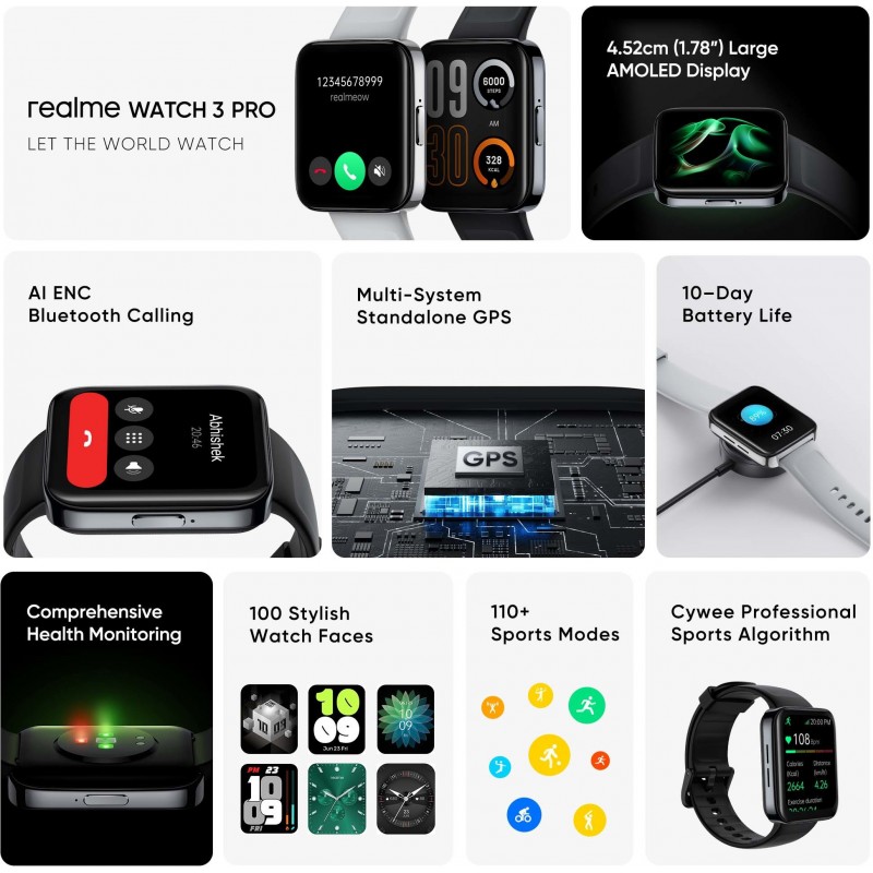 Realme Watch 3 Pro 1.78" AMOLED 368 x 448p Hi-res Smart AOD with BT Calling  And GPS Smartwatch Grey