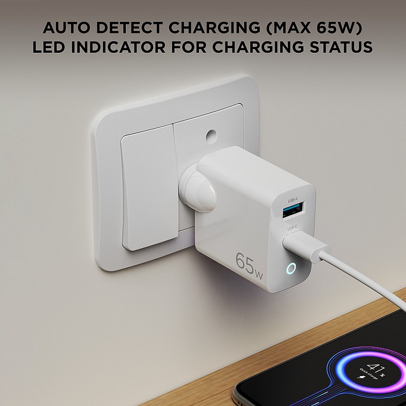 boAt 65 W Dual Port Gan All in 1 Charger with Smart Ic Protection, Auto Detectionwith Free Type C 100W Cable for iPhone & Andrioid Phones, Laptops & Tablets, White