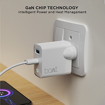 boAt 65 W Dual Port Gan All in 1 Charger with Smart Ic Protection, Auto Detectionwith Free Type C 100W Cable for iPhone & Andrioid Phones, Laptops & Tablets, White