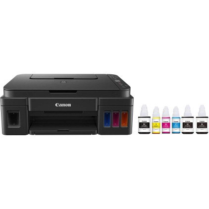 Canon PIXMA Mega Efficient G3012 Multi-function WiFi Color Ink Tank Printer (Color Page Cost: 0.21 Rs. | Black Page Cost: 0.09 Rs. | Borderless Printing) with 2 additional Black Ink Bottles