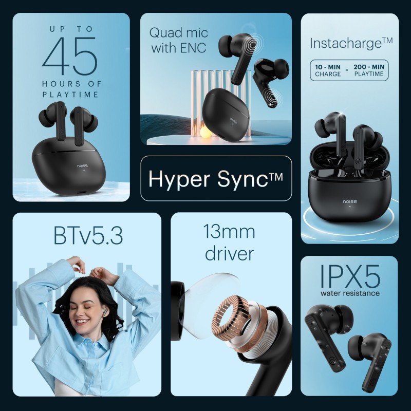 Noise Air Buds 3 with 45 Hours Playtime, Environmental Noise Cancellation, Quad Mic Bluetooth (Jet Black, True Wireless) Noise Air Buds 3 with 45 Hours Playtime, Environmental Noise Cancellation, Quad Mic Bluetooth (Jet Black, True Wireless)