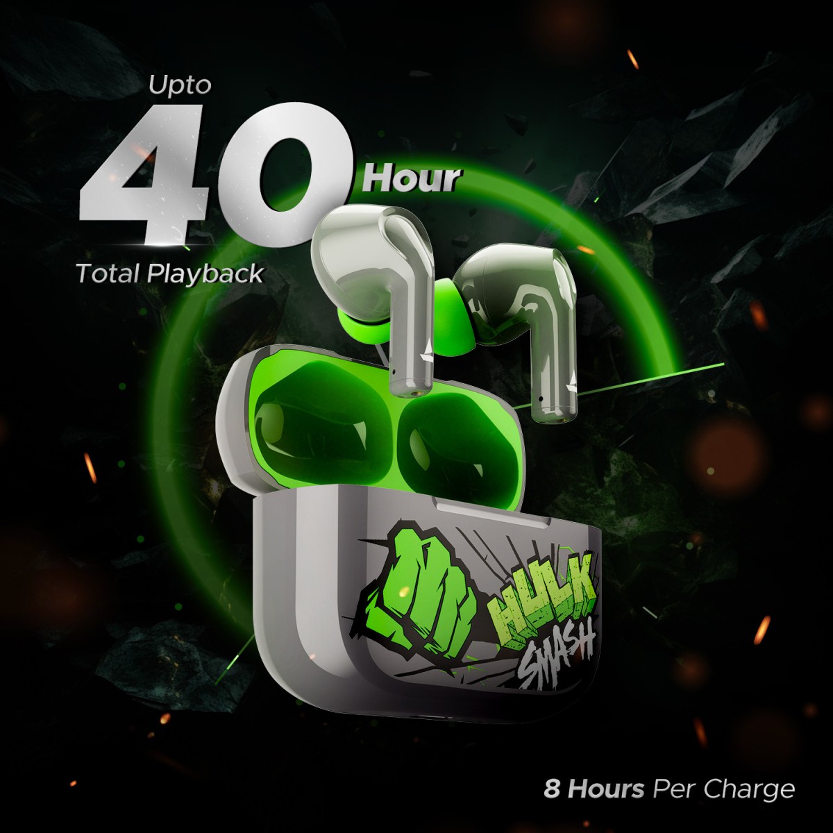 boAt Airdopes 161 Hulk Edition w/ 40 HRS Playback, ASAP Charge & IPX5 Rating Bluetooth (Green Fury, True Wireless)