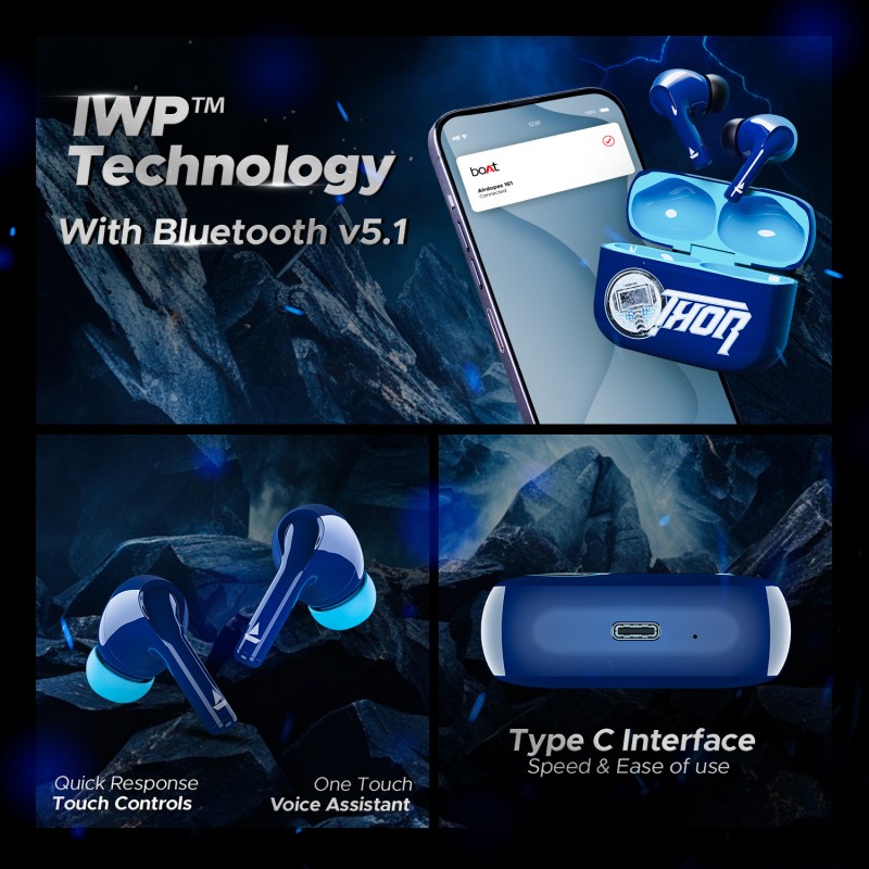 boAt Airdopes 161 Thor Edition w/ 40 HRS Playback, ASAP Charge & IPX5 Rating Bluetooth (Electric Blue, True Wireless) boAt Airdopes 161 Thor Edition w/ 40 HRS Playback, ASAP Charge & IPX5 Rating Bluetooth (Electric Blue, True Wireless)