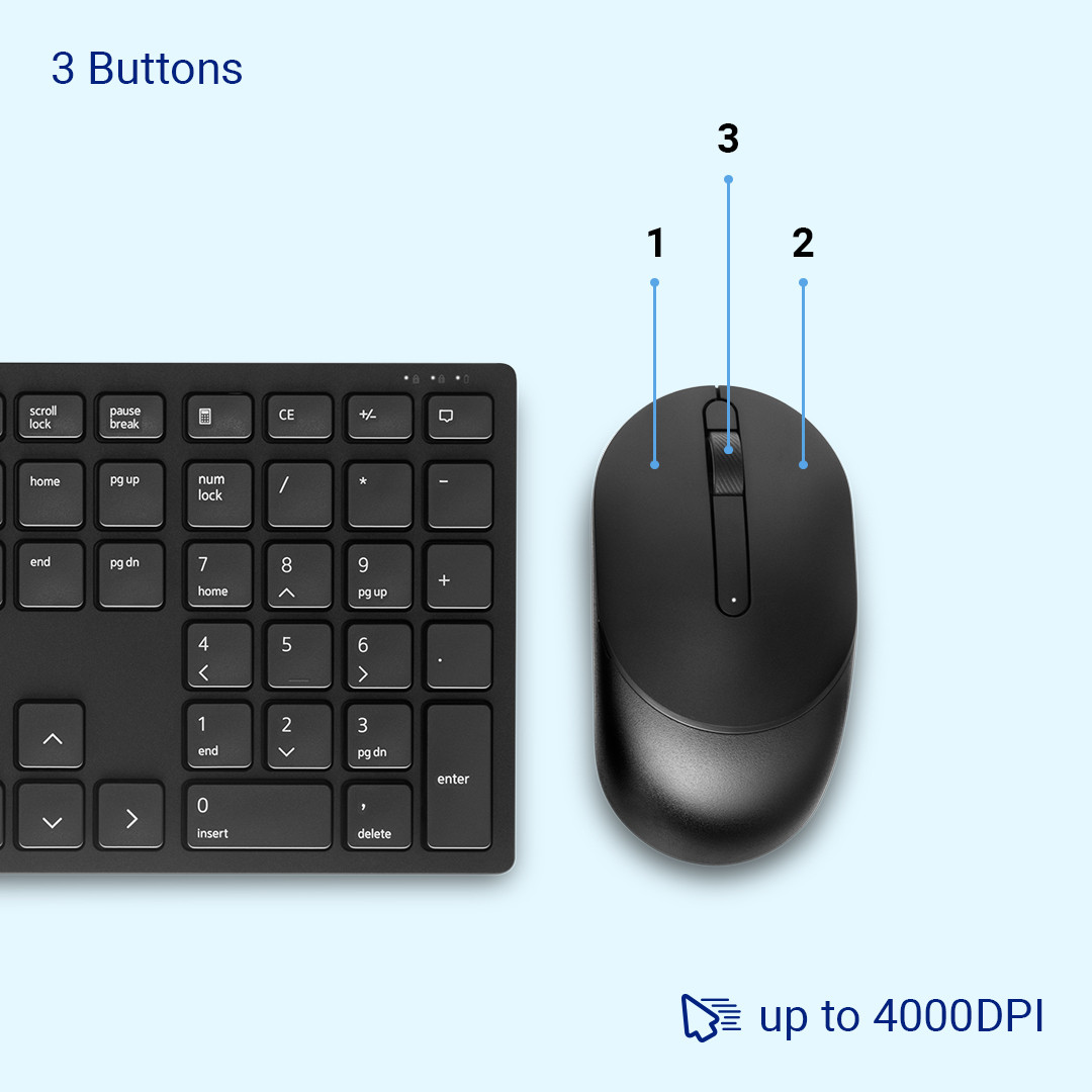 Dell KM5221W Pro Wireless USB Keyboard and Mouse Set Quiet Keyboard, Full-Sized Keyboard, Ambidextrous Mouse Black