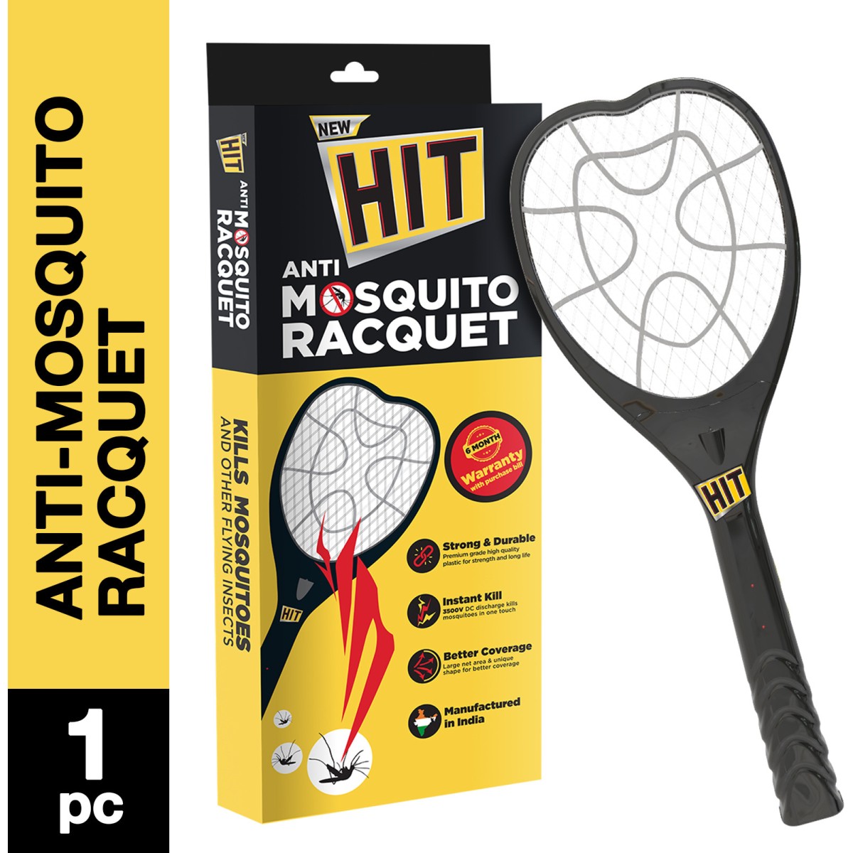 HIT Anti Mosquito Racquet | 6 months Warranty | Rechargeable Mosquito Killer Bat with LED Light | Charge Before Use