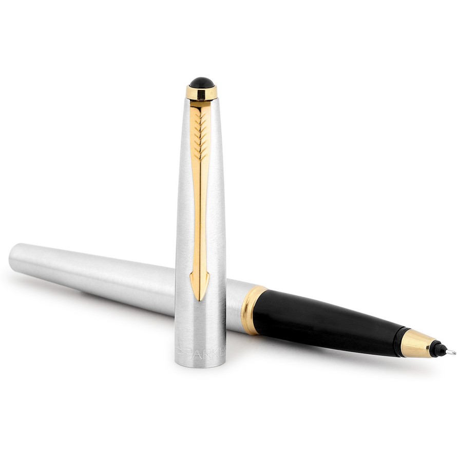PARKER Galaxy Stainless Steel Gold Trim Ball Pen & Roller Ball Pen With Card Holder Pen Gift Set
