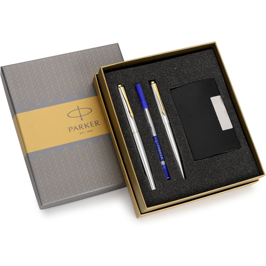 PARKER Galaxy Stainless Steel Gold Trim Ball Pen & Roller Ball Pen With Card Holder Pen Gift Set