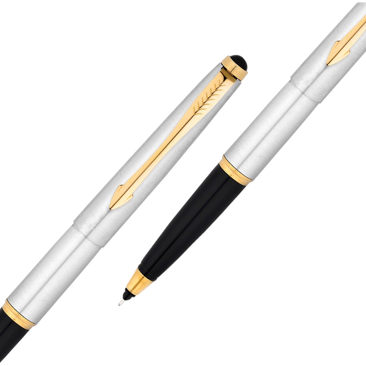 PARKER Galaxy Stainless Steel Gold Trim Ball Pen & Roller Ball Pen With Card Holder Pen Gift Set