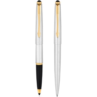 PARKER Galaxy Stainless Steel Gold Trim Ball Pen & Roller Ball Pen With Card Holder Pen Gift Set PARKER Galaxy Stainless Steel Gold Trim Ball Pen & Roller Ball Pen With Card Holder Pen Gift Set