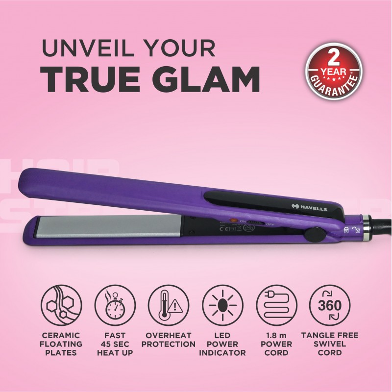 Havells HS4101 Ceramic Plates Fast Heat up Hair Straightener, Straightens & Curls, Suitable for all Hair Types (Purple) Havells HS4101 Ceramic Plates Fast Heat up Hair Straightener, Straightens & Curls, Suitable for all Hair Types (Purple)
