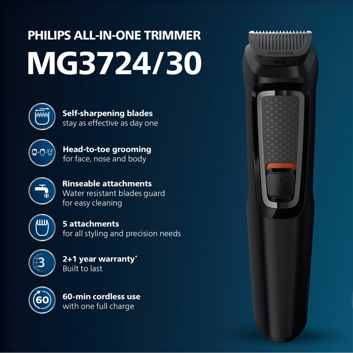 PHILIPS MG3724/30 Trimmer 60 min Runtime 7 Length Settings (Black)