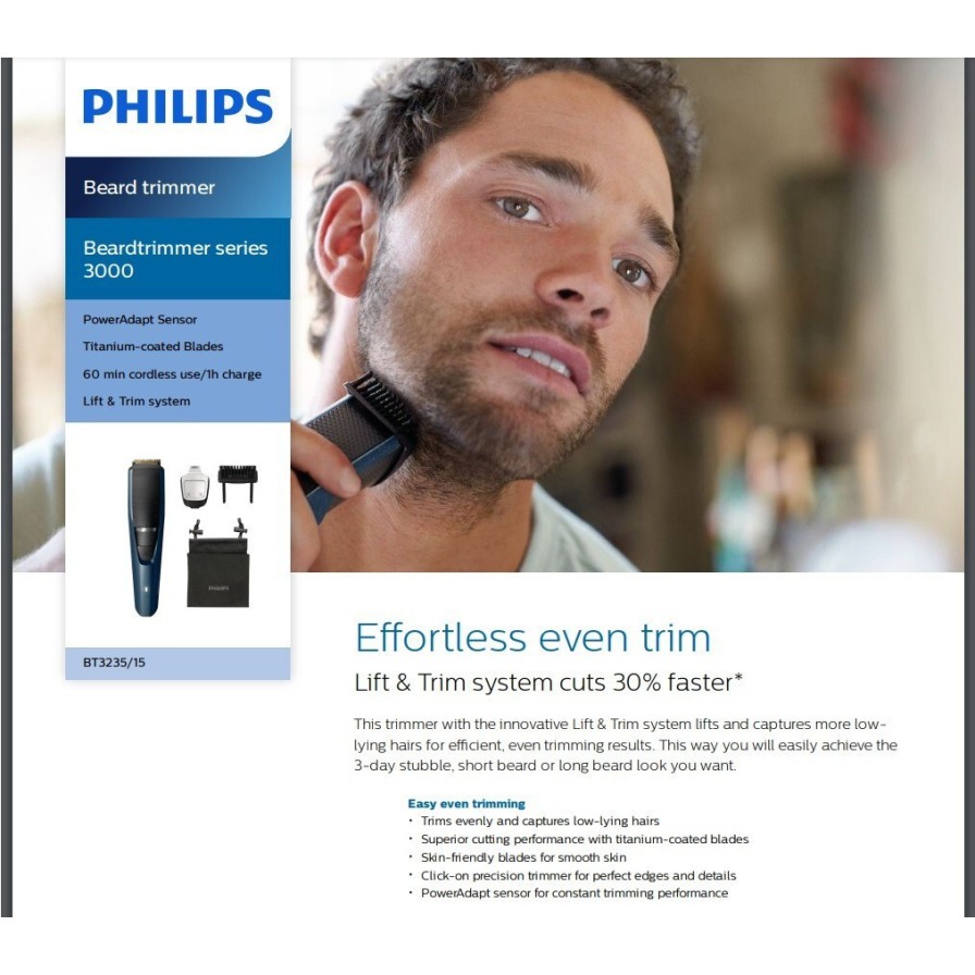 Philips BT3235/15 Beard Trimmer for Men 90 min runtime 20 length setting with battery indicator, Blue