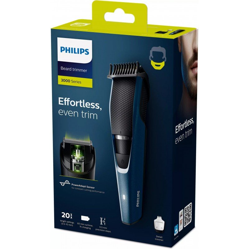Philips BT3235/15 Beard Trimmer for Men 90 min runtime 20 length setting with battery indicator, Blue Philips BT3235/15 Beard Trimmer for Men 90 min runtime 20 length setting with battery indicator, Blue