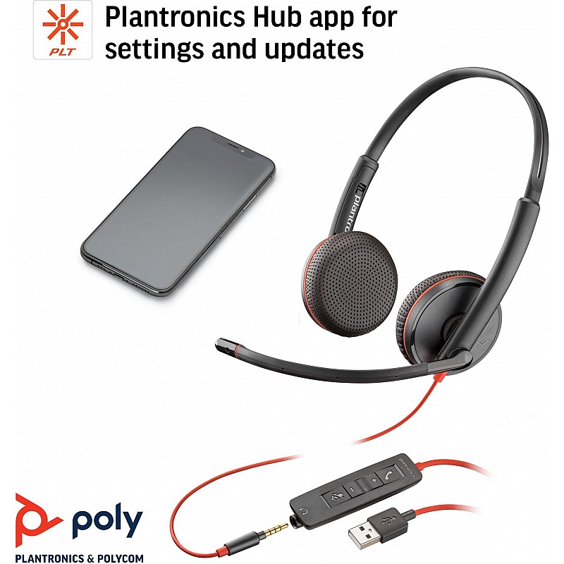 Poly by Plantronics - Blackwire 3225 USB-A Wired Headset - Dual-Ear (Stereo) Wired Over Ear Headphones with Mic - Connect to PC/Mac via USB-A or Mobile/Tablet via 3.5 mm Connector (209747-22)