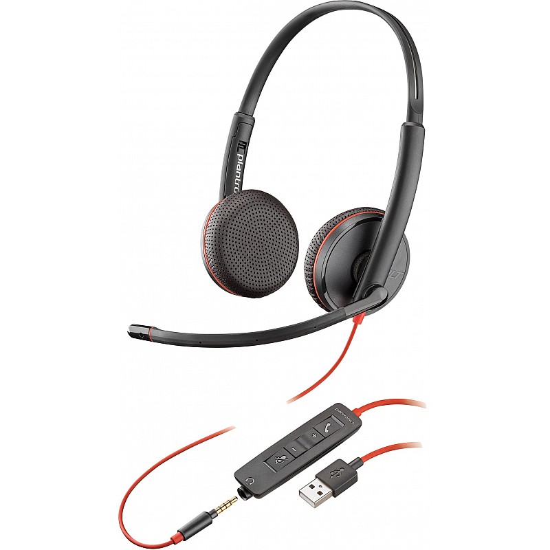 Poly by Plantronics - Blackwire 3225 USB-A Wired Headset - Dual-Ear (Stereo) Wired Over Ear Headphones with Mic - Connect to PC/Mac via USB-A or Mobile/Tablet via 3.5 mm Connector (209747-22)