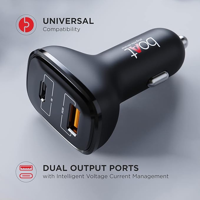 boAt Dual Port Qc-Pd 24W Fast Car Charger with 24W Fast Pd Charging & 18W Qc Charging Compatible with All Smartphones, Tablets & Laptops (Free Type C to Type C Cable), Black boAt Dual Port Qc-Pd 24W Fast Car Charger with 24W Fast Pd Charging & 18W Qc Charging Compatible with All Smartphones, Tablets & Laptops (Free Type C to Type C Cable), Black
